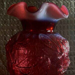 Vintage Fenton Glass Cranberry Opalescent Ruffled Edge Dragonfly Vase